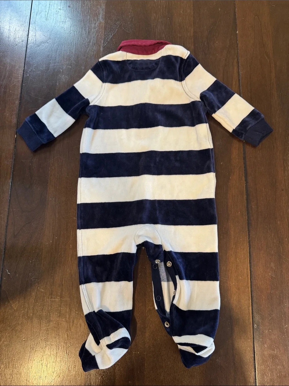 Polo by Ralph Lauren Navy & White Striped Footed One-Piece with Red Collar